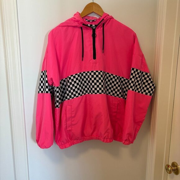 Orange Kiss Pink Windbreaker Pull Over Black & White Checkered Size M - Picture 2 of 10